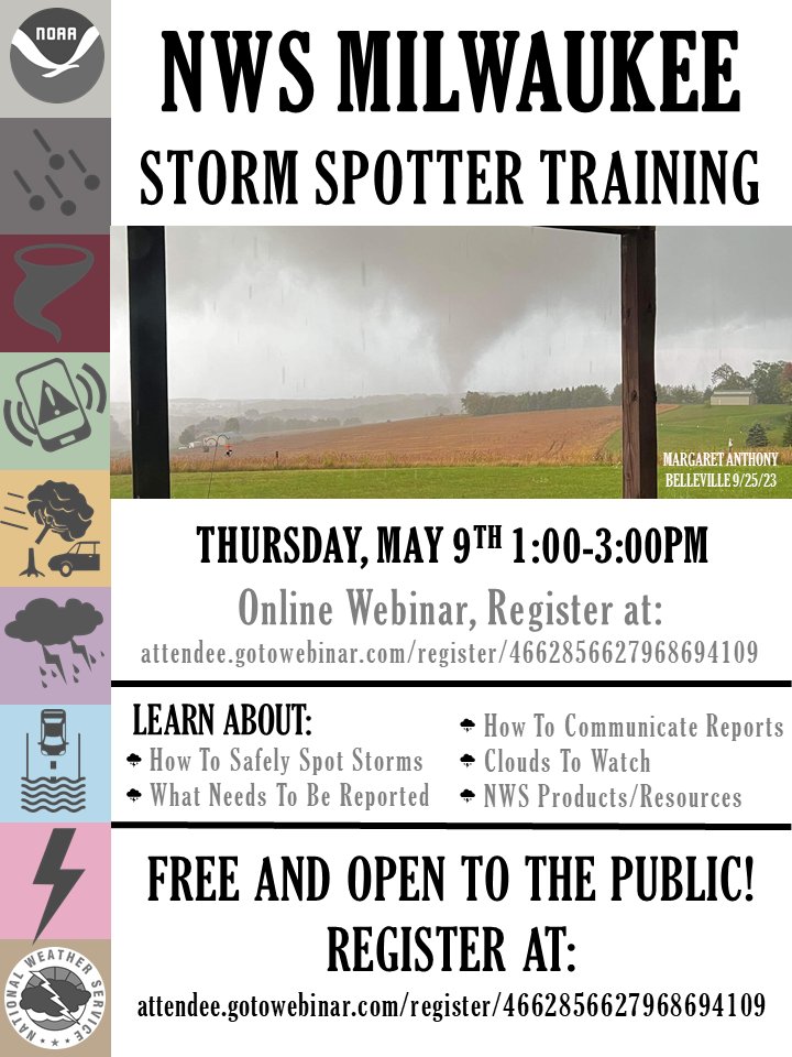 For those that are unable to make one of our in-person storm spotter training sessions, we have two online options to announce. To register, click on the following links: Fri, April 26th 6:30-8:30pm: attendee.gotowebinar.com/register/90886… Thu, May 9th 1-3pm: attendee.gotowebinar.com/register/46628… #wiwx