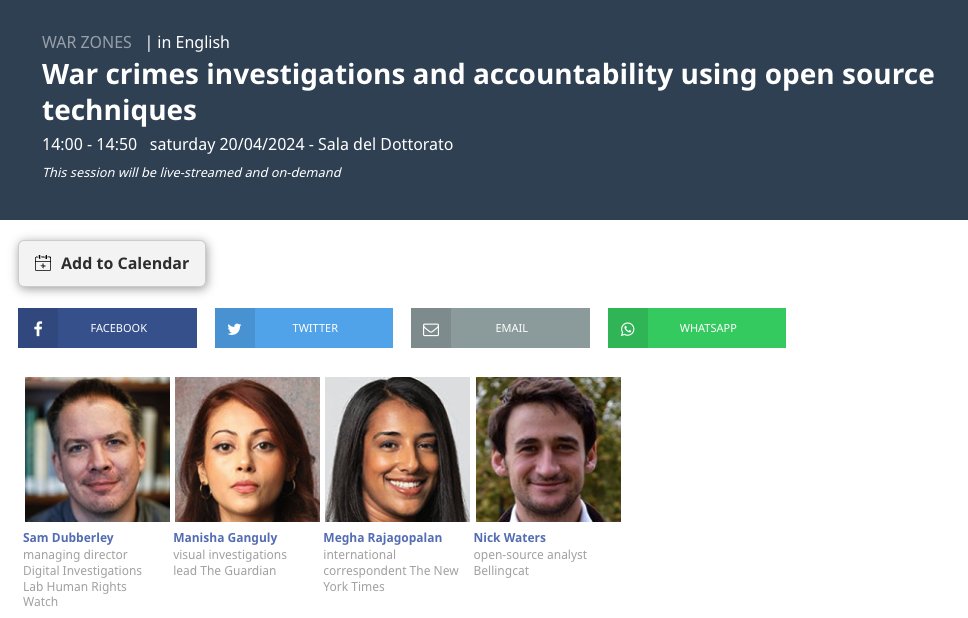 Delighted to be speaking at @journalismfest this year - about justice and accountability for war crimes and the admissibility of open source evidence from conflicts - alongside the best in the field: @N_Waters89 @samdubberley @meghara. Come say hi! #ijf24 #OSINT @bellingcat @hrw