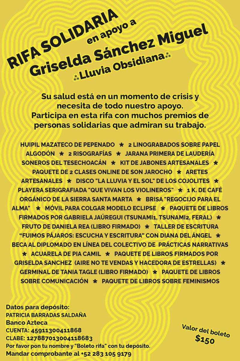 #URGENTE estamos organizando esta rifa solidaria para la maravillosa sonidista, radialista y autora Griselda Sánchez, la More del amore, Lluvia Obsidiana. Su salud está en un estado crítico y su apoyo con estos boletos para premios hermosos es de enorme ayuda. Todo suma! 🙏🏼 RT✨