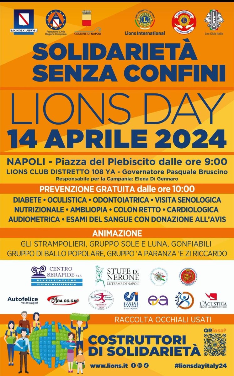 Il Distretto Lions 108Ya sarà il 14 aprile x #LionsDay a #Napoli. A Piazza Plebiscito 5 Camper medici per prevenzione diabete, cardiologica, oculistica, senologica, nutrizionale, audiometrica, 14 gazebo con le Coop.Eva che assiste donne vittime di violenza, i cani guida, e altri