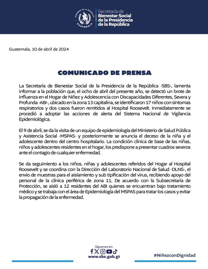 #AHORA La Secretaría de Bienestar Social confirma la muerte por influenza, de dos adolescentes internadas en el Hogar ABI zona 13. Vía Estela Noj