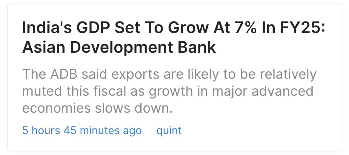 India’s GDP set to grow at 7% in FY25 says Asian Development Bank (ADB). 

#ADB #AsianDevelopmentBank 

t.me/exploreoptions 

#NiftyBank #nifty #sharemarket #trading #StockMarket #nseindia #bse #nse #investment #zerodha  #moneycontrol #options #FnO #sensex #investment…