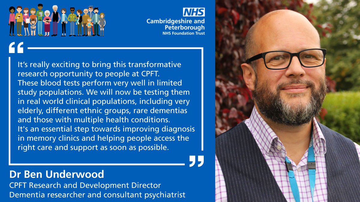 📣 Researchers <a href="/CPFT_NHS/">CPFT</a> &amp; <a href="/Cambridge_Uni/">Cambridge University</a> are co-leading UK trials to identify accurate, rapid blood tests to diagnose #dementia.
We'll be helping people visiting our memory clinics to take part + leading #PPI work to share the results:
➡️bit.ly/3UeFaz6
#BePartOfResearch