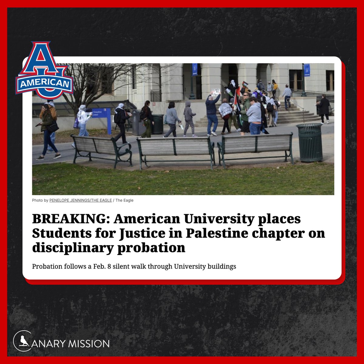 👏@AmericanU put @AmericanSJP on probation after SJP violated AU policy by holding an indoor protest. That didn't stop SJP fining: “This probation is intended to silence Palestinian voices on campus, as well as appeal to Zionist donors and influence.” theeagleonline.com/article/2024/0…