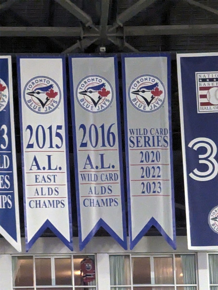 Was at the Jays game yesterday, so I took a better pic of their new Wild Card Series banner. Just my opinion, but in baseball you should only fly a banner for winning the World Series, winning the AL/NL, or finishing first in your division... that means the 2016 one is also no…