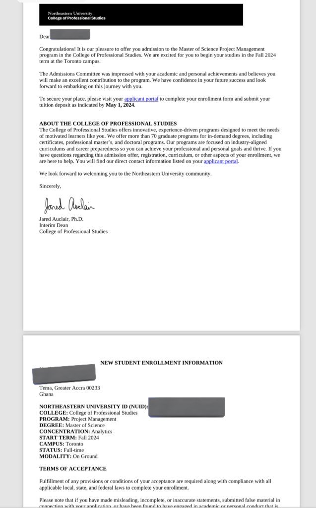 He needed an offer badly! God stepped in. Second Class lower holder from UPSA with GPA of 2.68 got an offer to Northeastern University, Toronto; Masters of Science, Project Management with concentration in Analytics. We move 70/100. Settings and twatics awaits IRCC.