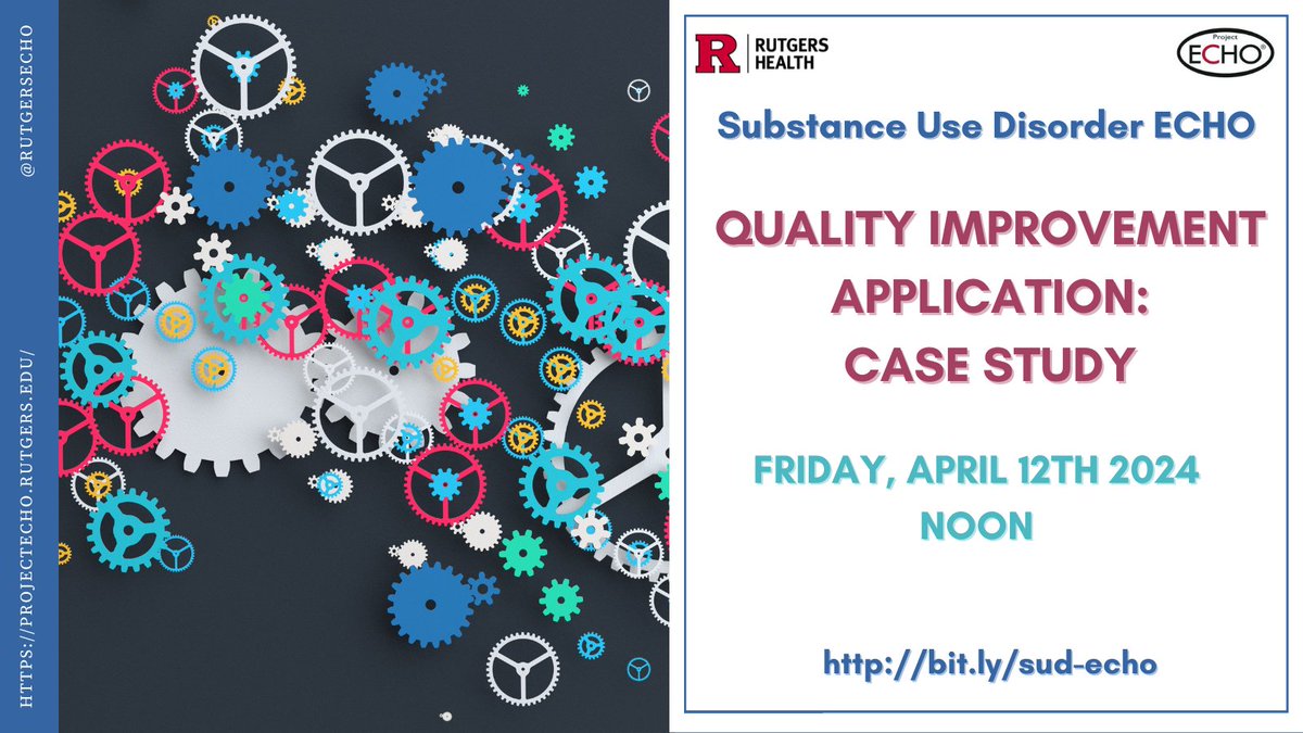 Join us tomorrow to collaborate on innovative solutions for enhancing care & support through in-depth exploration of SUD CQI. We will feature a practice highlighting their impactful CQI project. bit.ly/sud-echo @SNJMATCOE @Rutgers_ADM @Rutgers_CAS @NewNjsam @NJPCA