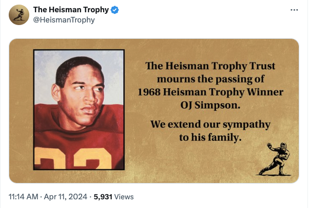 Reminder that The Heisman Trophy Trust refuses to give Reggie Bush his Heisman back for things he did off the field.