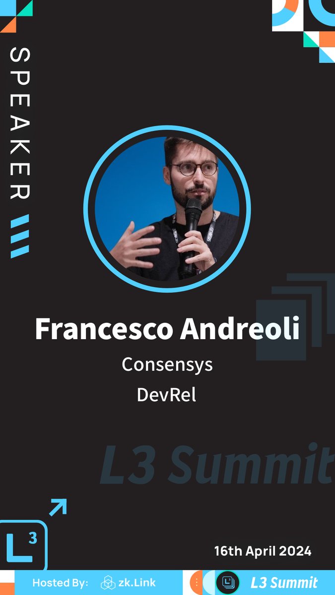 ✨Happy to introduce @francescoswiss Francesco Andreoli, DevRel at @Consensys in joining #L3Summit #TOKEN2049 Dubai as a Moderator! Session: Panel #1 12:00 - 12:45 “ZK Season in 2024 - Hype VS. Reality' #zkLink #Layer3 🚀lu.ma/L3Summit-Dubai