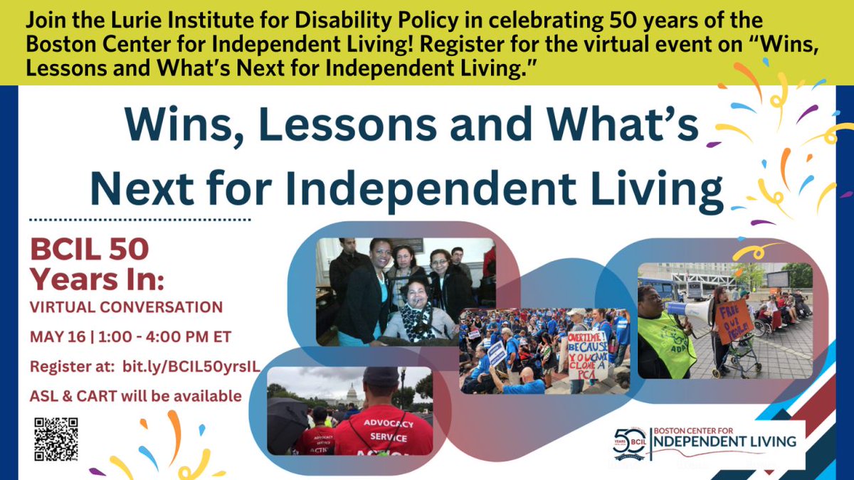Join the Lurie Institute for Disability Policy in celebrating 50 years of the Boston Center for Independent Living! Register for “Wins, Lessons and What’s Next for Independent Living,” an online event on May 16. @BostonCIL zurl.co/K0rH
