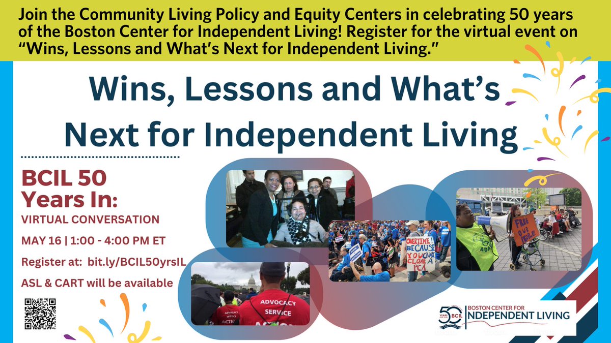 Join the Community Living Policy and Equity Centers in celebrating 50 years of the Boston Center for Independent Living! Register for “Wins, Lessons and What’s Next for Independent Living,” an online event on May 16. @BostonCIL zurl.co/kgSY