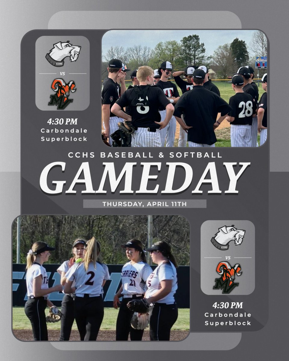 🥎 GAME DAY ⚾️

🆚 Mt. Vernon Rams
📍 Carbondale SuperBlock 
⏰ 4:30pm

Good luck!
#GoTerriers🐾