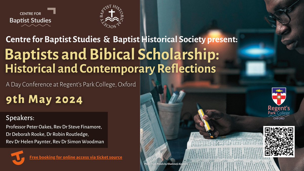 Baptists and Biblical Scholarship: Historical and Contemporary Reflections @CBSOxford and Baptist Historical Society are holding a day conference at @RegentsOx on May 9 with... A FREE LUNCH INCLUDED!... More info 👉ow.ly/WEvQ50QKMTo Bookings 👉ow.ly/5lIl50QKMTp