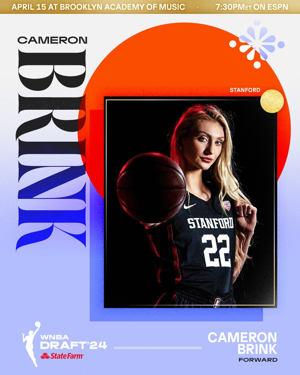 Next Stop. Brooklyn, NY. A 6’4 forward from @StanfordWBB, @cameronbrink22 is heading to BAM for the 2024 WNBA Draft presented by @StateFarm! Tune in on April 15th at 7:30pm/ET to see where she lands 📷