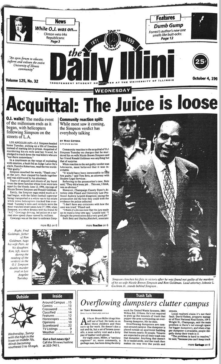 Shoutout to @MikeCetera, who found the 1995 Daily Illini front page that I designed as the night editor that evening. I honestly thought it would be the biggest story any of us would ever cover in our lives. The Nineties, man.
