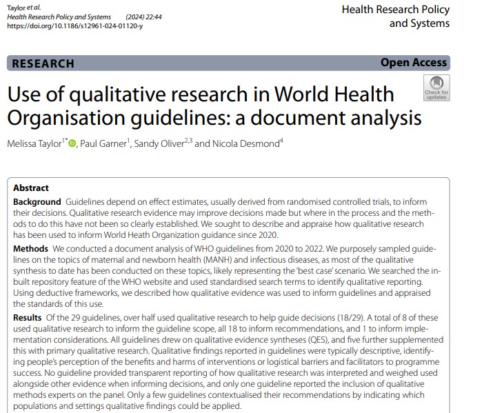 #QualitativeResearch is increasingly used in #WHO #Guidelines 📚 As part of my PhD, we appraised this use and identified key areas for further development tinyurl.com/42a7xxr6 @FCDOHealthRes