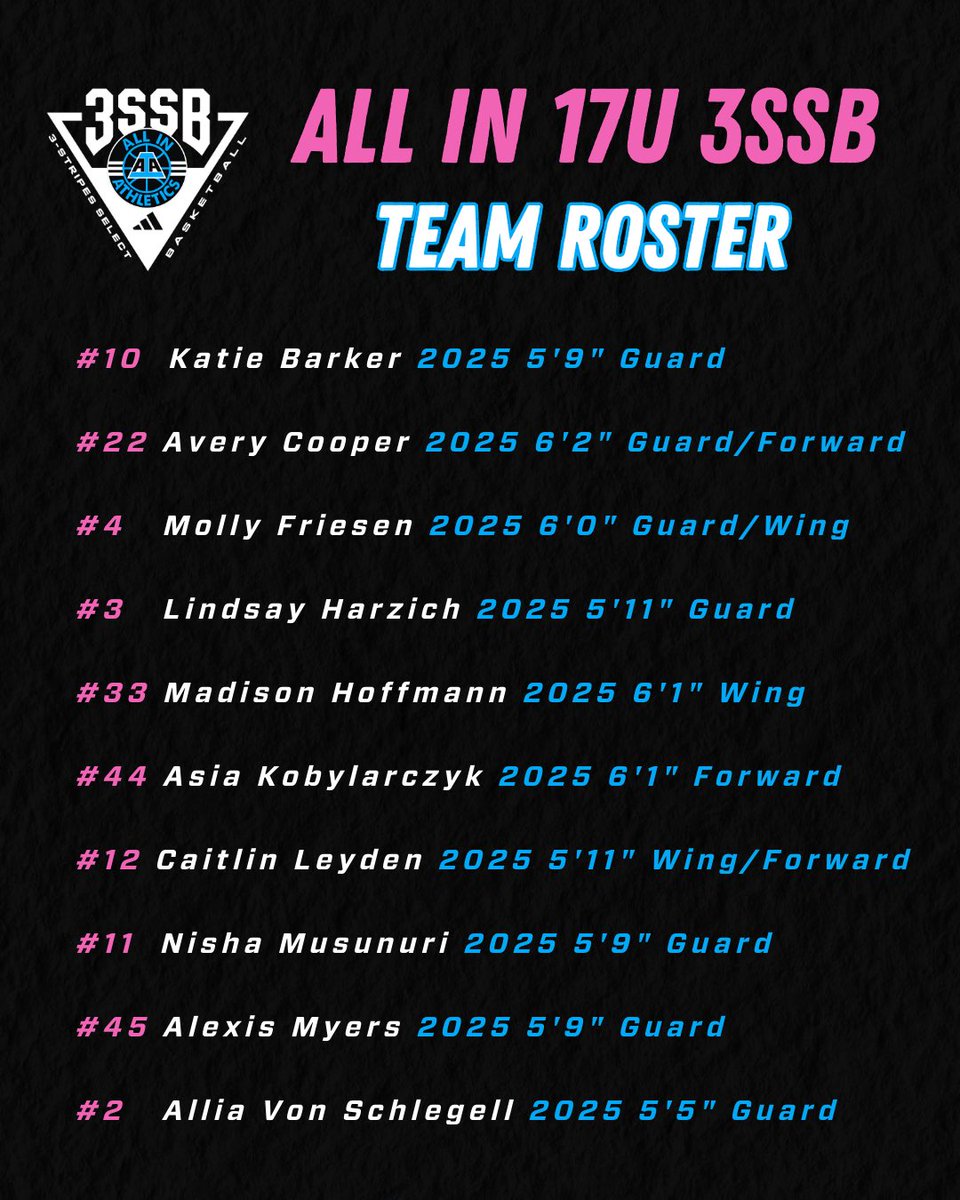 ALL IN Elite Girls 3SSB (@aiaelitegirls) on Twitter photo ALL IN Elite Girls #3SSB Tournament Schedule and Rosters for the ‘24 Spring & Summer Season! 🩵🩷 ALL IN Elite Girls #3SSB Tournament Schedule and Rosters for the ‘24 Spring & Summer Season! 🩵🩷
