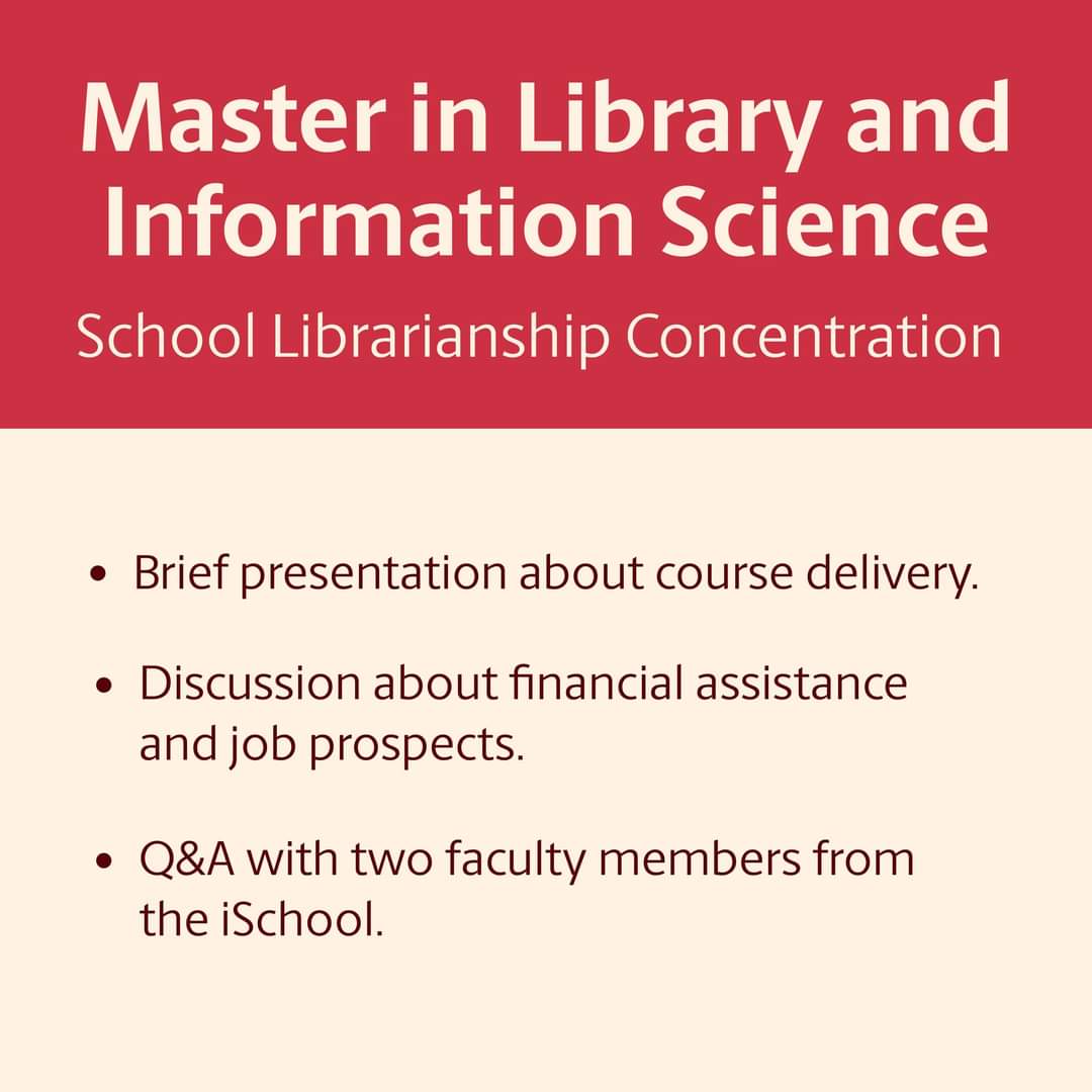 The iSchool will be holding an information session about our Master in Library and Information Science degree program with a concentration in School Librarianship. Wednesday, April 17 | 4 p.m. Register Here: docs.google.com/forms/d/e/1FAI…