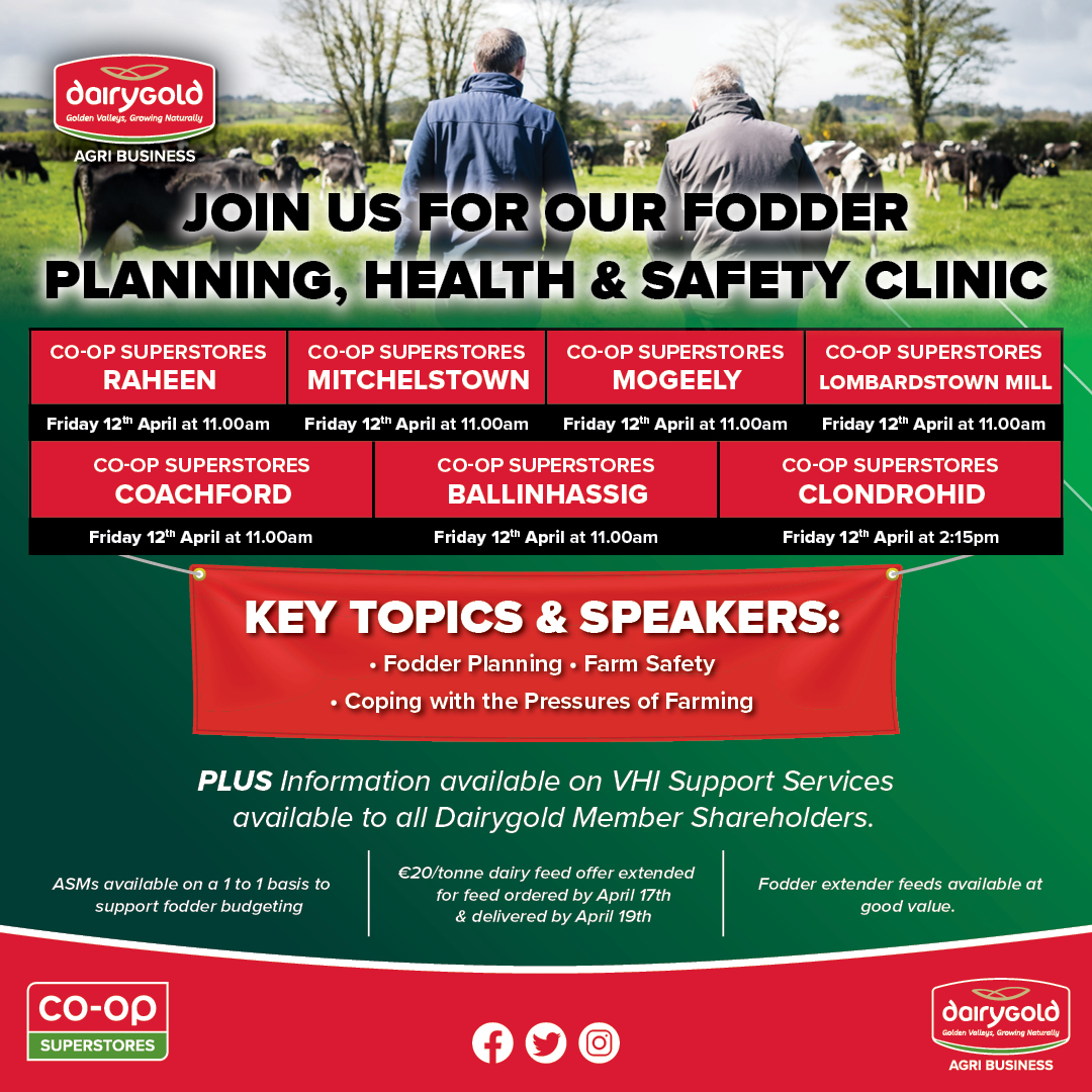 We are hosting a series of Member support events across a number of our Co-Op Stores, focusing on fodder planning, farmer health, safety and wellbeing. These meetings offer an opportunity to come together to exchange experiences and seek advice and assistance from Co-Op reps.