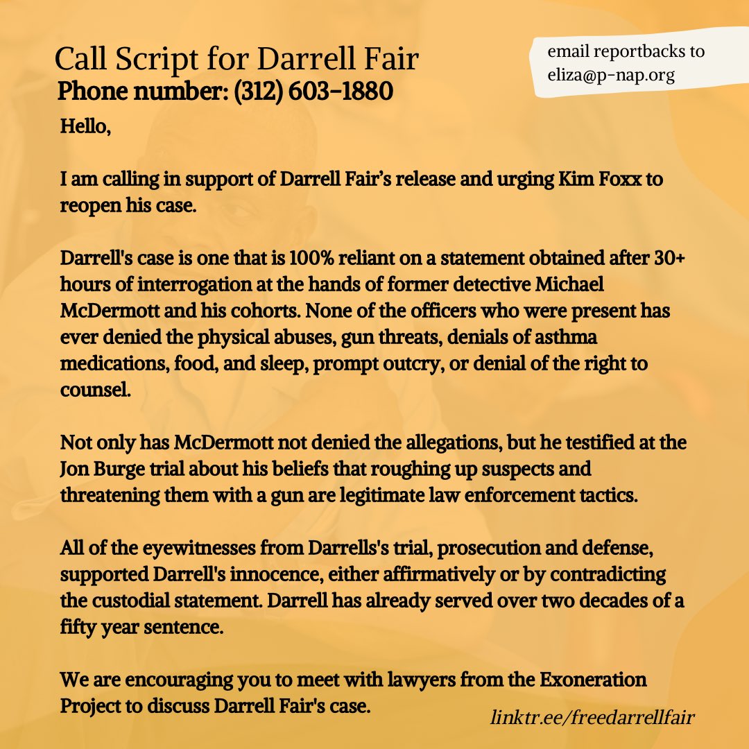 Darrell Fair is a PNAP student asking for your support today! Darrell is a survivor of police torture & wrongful conviction. Call Kim Foxx’s office & push to have Darrell’s case reopened! Swipe for a script & call 312.603.1880 today!