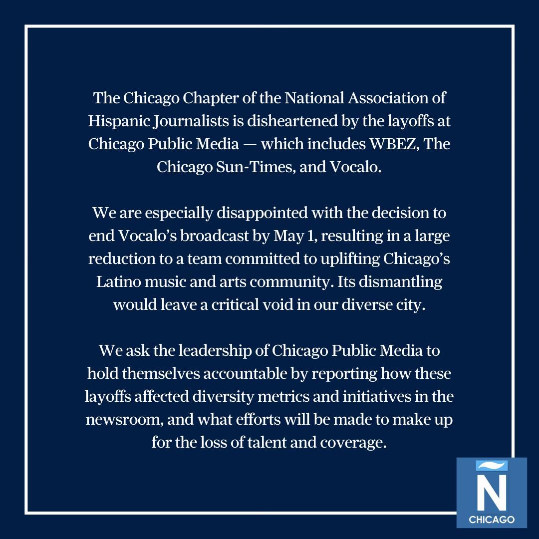 NAHJ Chicago is disheartened by the recent layoffs at Chicago Public Media. Read our full statement here.