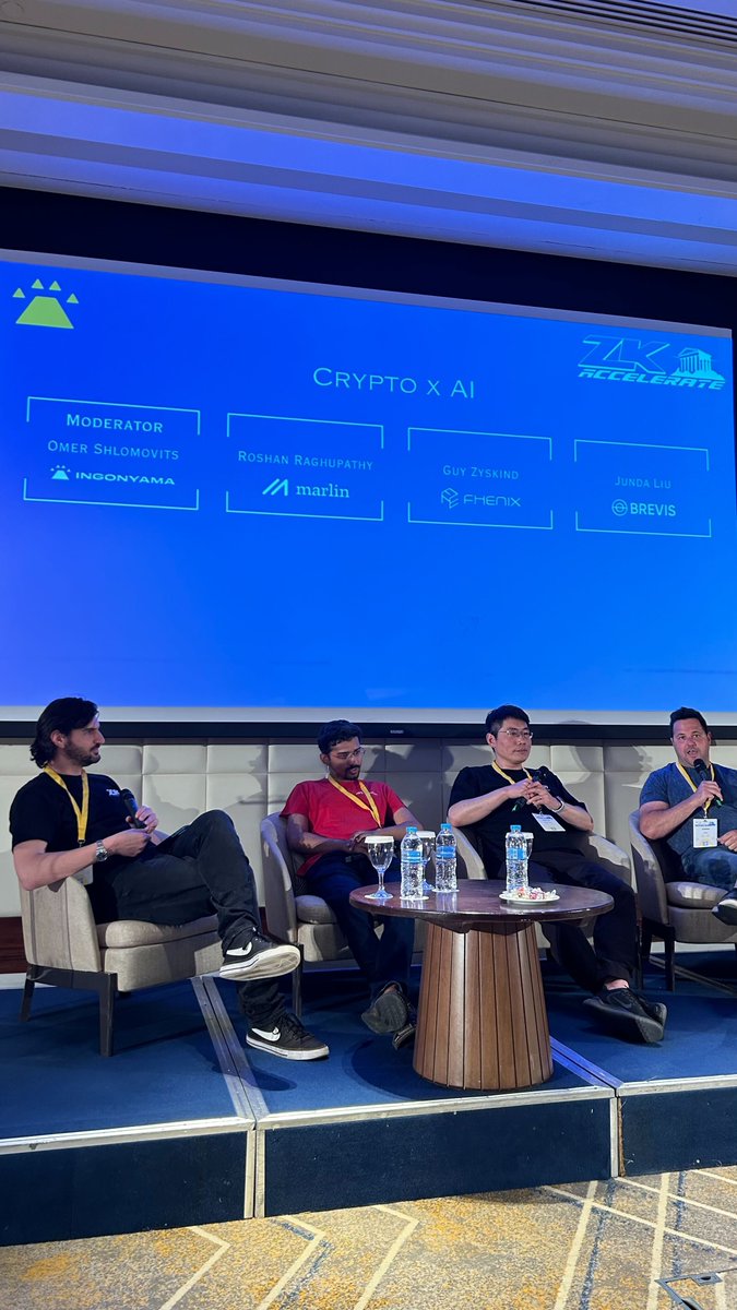 What a discussion! 👀 @GuyZys from @FhenixIO joins @OmerShlomovits @Ingo_zk, Roshan of @MarlinProtocol, & Junda of @brevis_zk on stage at @Ingo_zk's #zkaccelerate summit in Athens to speak about the intersection of Crypto & AI.