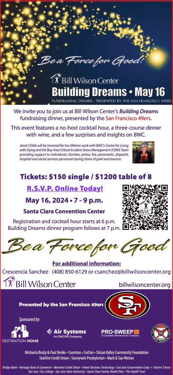 Five weeks to go until Building Dreams 2024, Bill Wilson Center's largest annual fundraising dinner. We hope you can join us. Reserve your tickets today. Building Dreams is presented by the San Francisco 49ers. billwilsoncenter.org/news_events/bu…