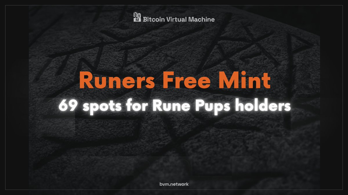 69 Runers FREE MINT spots for RunePups collection holders <a href="/PupsToken/">Pups 🌎☮️</a>

1⃣ Like, Repost and Follow <a href="/BVMnetwork/">Bitcoin Virtual Machine</a>
2⃣ Drop your Bitcoin taproot wallet address in the comment (bc1p...)
3⃣ Include the <a href="/MagicEden/">Magic Eden 🪄</a> link of your RunePups to verify ownership

⏰48 hours from now

Runers is