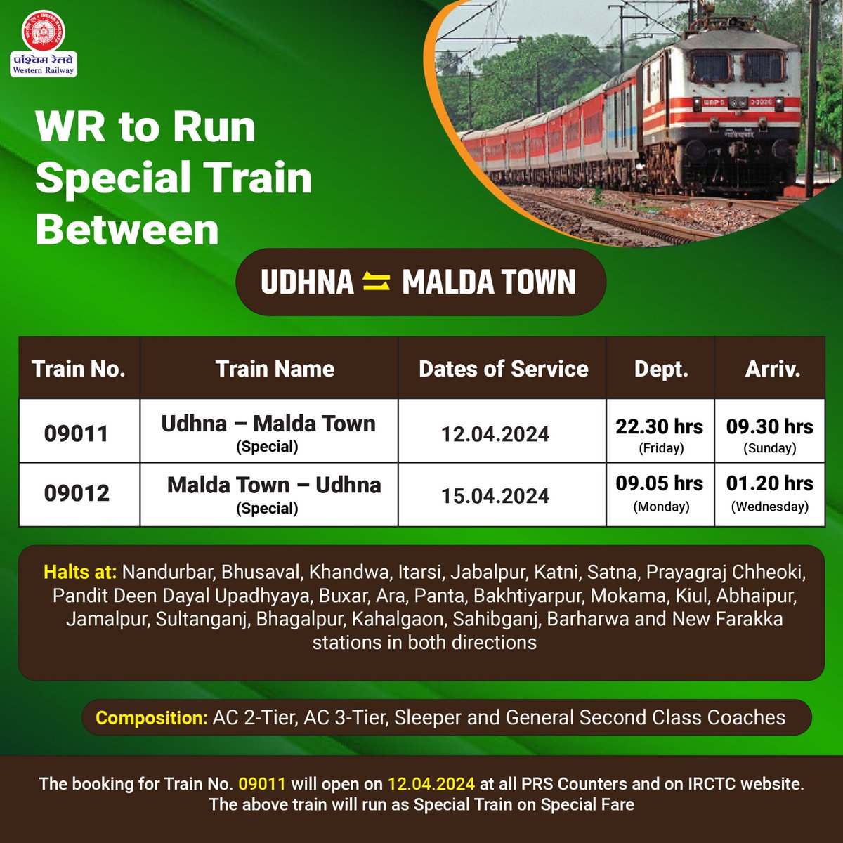 For the convenience of passengers and to meet the travel demand, WR has decided to run a Special Train between Udhna and Malda Town. The booking for train no. 09011 will open on 12 April 2024, Friday at PRS counters and IRCTC website. #WRUpdates