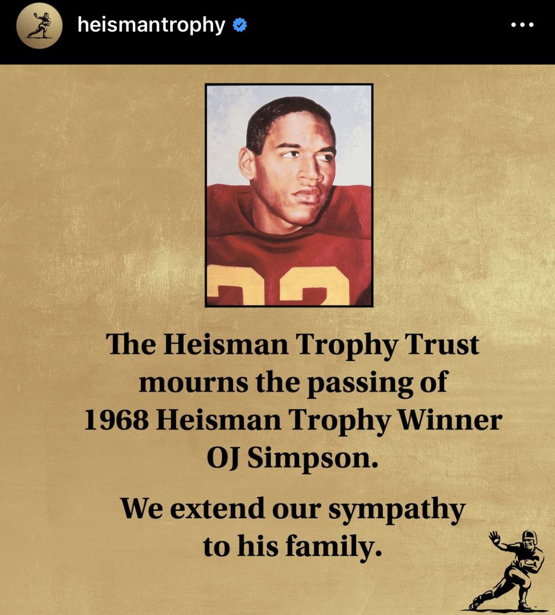 The official Heisman Trophy account “mourns” the death of OJ Simpson, but Reggie Bush still can’t get his Heisman back?!