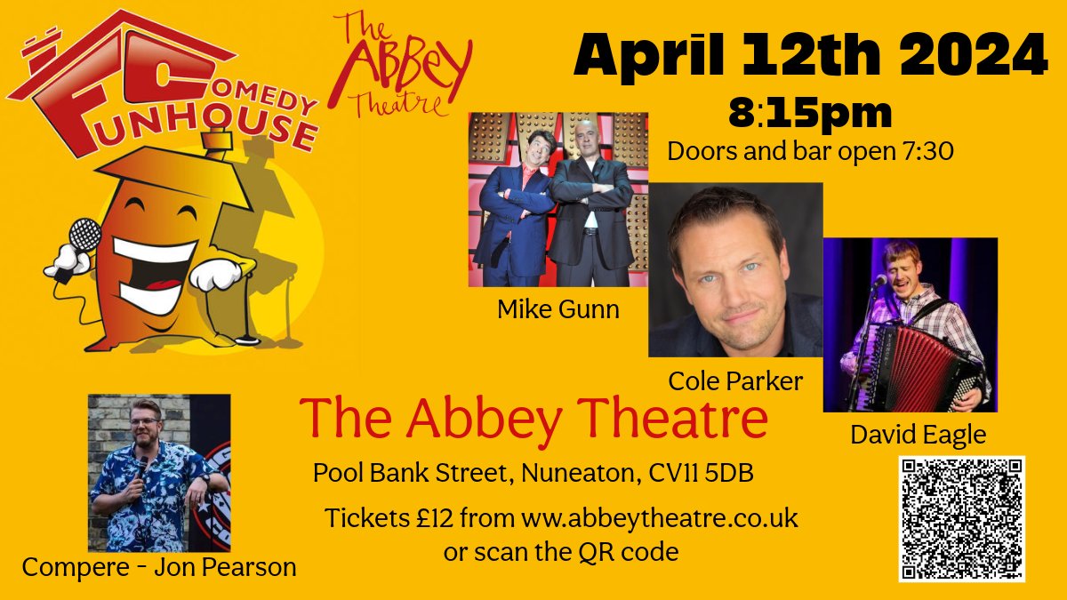 Stand up comedy is BACK @ the Abbey Theatre. TOMORROW!! Mike Gunn, Cole Parker and David Eagle LIVE on stage with Jon Pearson completing the line-up as compere. Tickets tinyurl.com/Funhouse-April @abbeynuneaton @funhousecomedy @MikeGunn1 @thedavideagle @jonnyp_comic