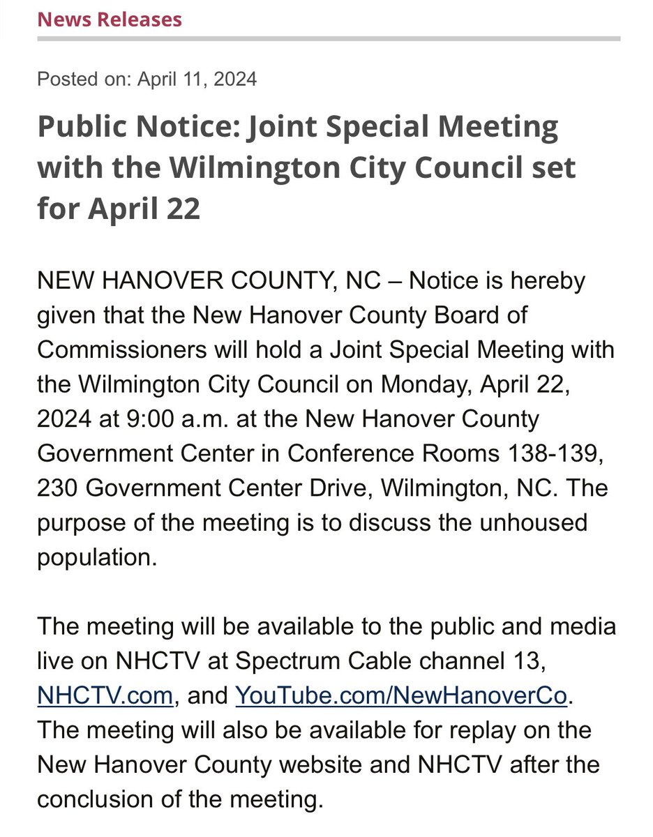 Mark your calendars!

Joint Special Meeting w/Wilmington City Council + NHC Commissioners Board Monday, April 4, 2024 9a EST to discuss the unhoused population. 

@JohnHinnant @AddulamCave @nicholasmcraig @nhcgop @danescalise @LeAnnPierce14 @LukeWaddell 

nhcgov.com/CivicAlerts.as…