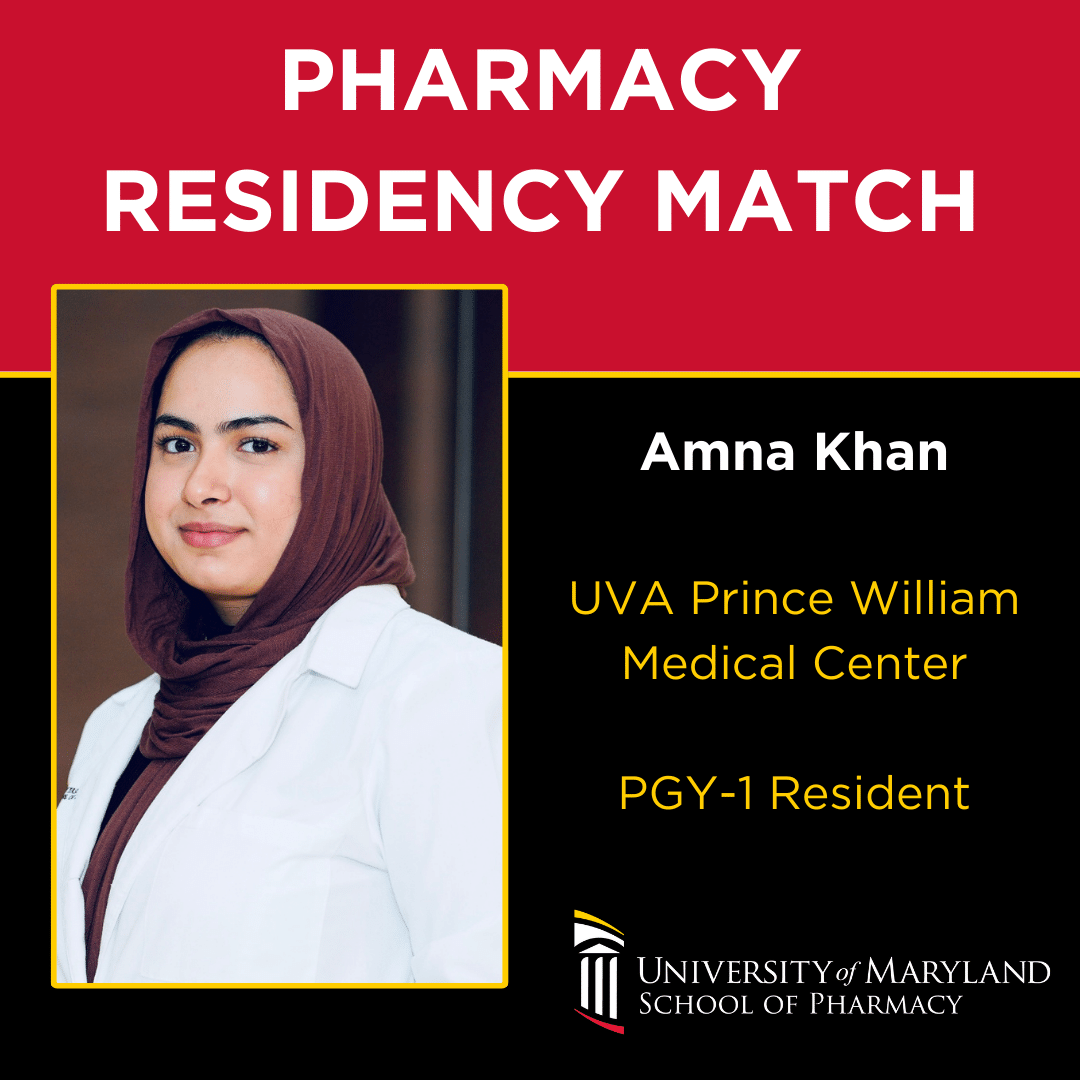 Congratulations to fourth-year PharmD student Amna Khan on securing a PGY- 1 Residency at UVA Prince William Medical Center and pursuing an MS in Palliative Care at UMSOP #RxMatchDay #PharmacyMatch #UMSOP #Pharmacy #PharmD #PharmDstudent #PharmRes #RxTwitter