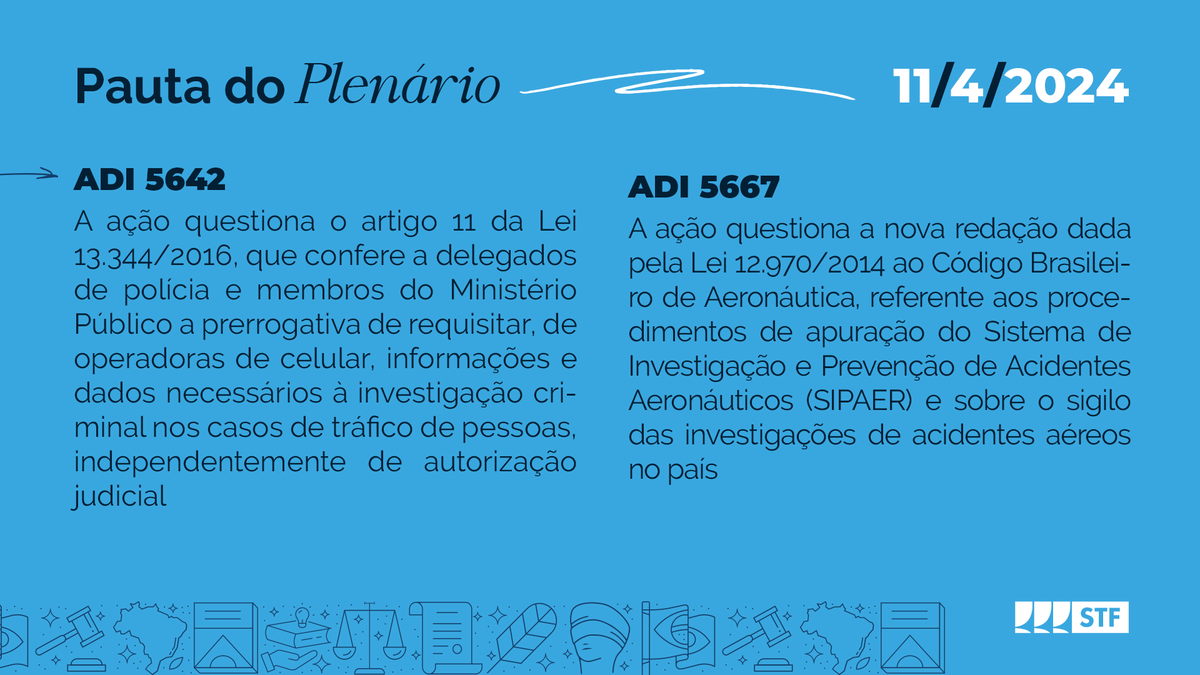 #SessãoSTF ⚖️ Confira a pauta de julgamentos do @STF_oficial para esta quinta-feira (11): bit.ly/49zmOxx. A sessão tem transmissão #AoVivo, a partir das 14h, pela @RadioeTVJustica e youtube.com/STF.

#Acessibilidade: contém descrição acessível.