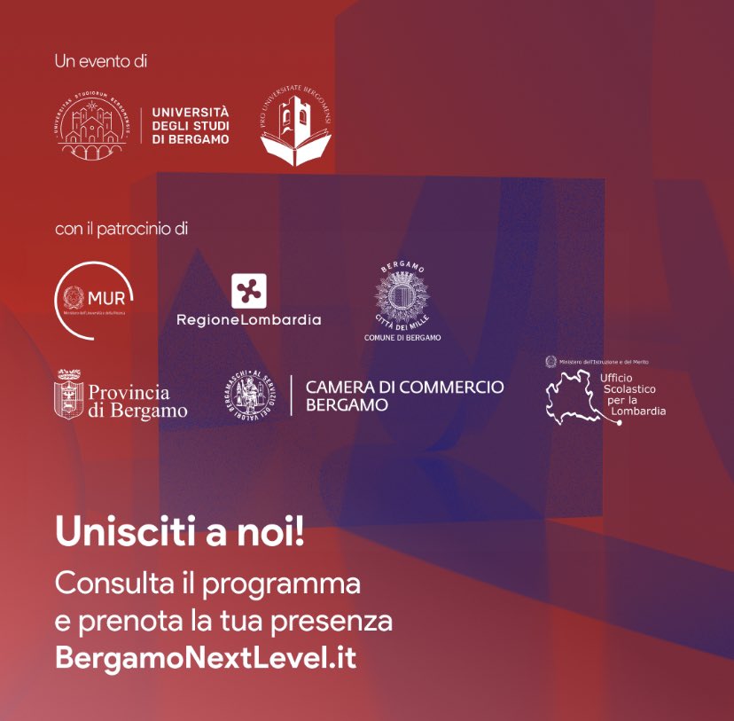 @mur_gov_ @LNotizie @LombardiaInnova @cciaabg @provinciaBg @ComunediBergamo @USRLombardia Il 17 aprile a Bergamo Next Level parliamo di “logistica per lo sviluppo del territorio”; “Nuove energie per un futuro sostenibile” e di “Eredità, prospettive, sfide dopo l'anno di Capitale della Cultura: esperienze a confronto”.