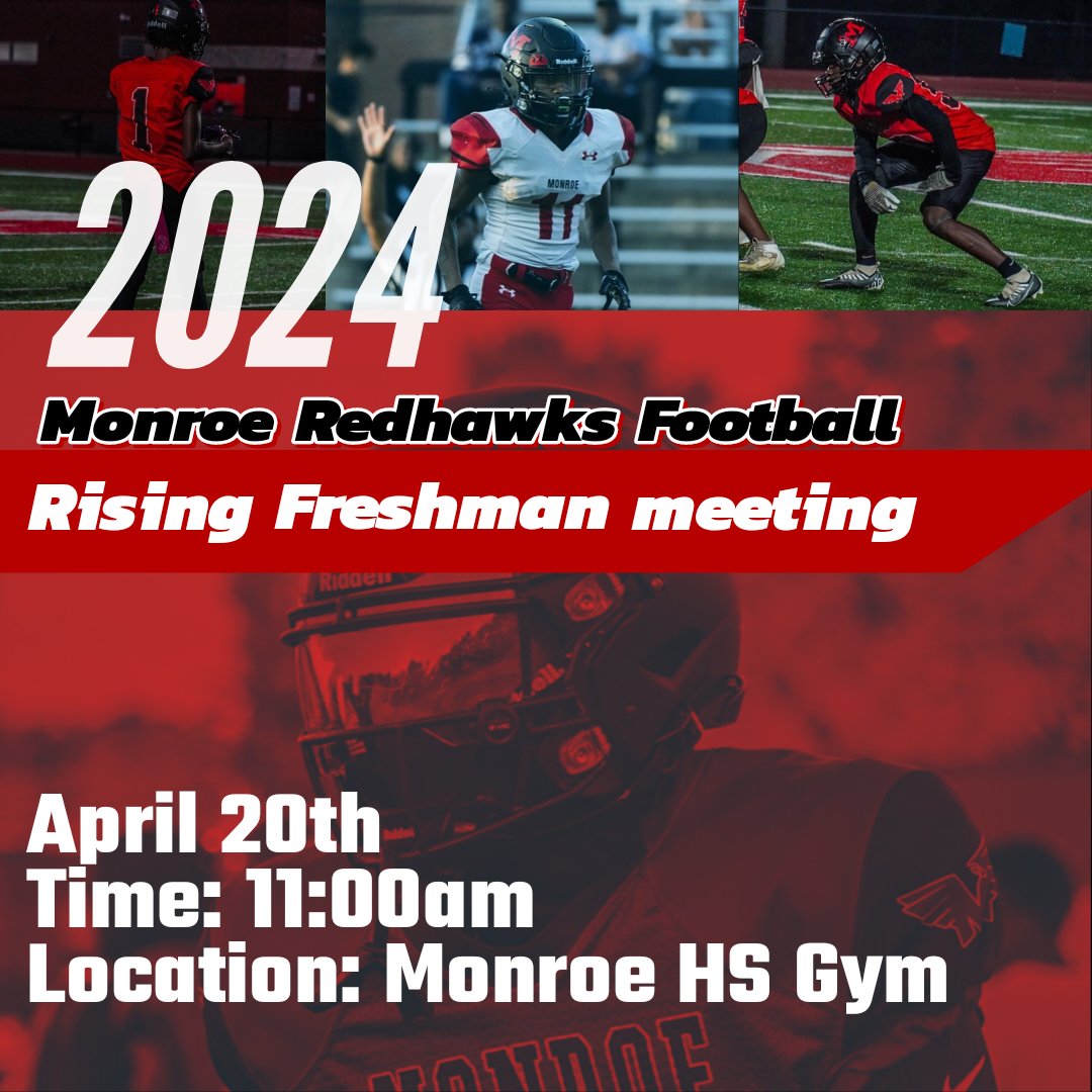 Rising Freshman interest meeting will be April 20th, 11:00am at Monroe HS Gym. Please bring a parent guardian! #LeaveNoDoubt •Team Expectations •Workout schedule •Equipment measurements •Heart of a Champion Physical Sign up @MonroeHSNC @MHS_Redhawks @HSAMonroeMiddle