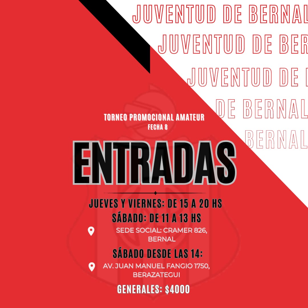 📌 ᴘʀóxɪᴍᴏ ᴘᴀʀᴛɪᴅᴏ 

🏆 #TorneoPromocional
🗓️ Fecha 8
🆚 Deportivo Metalúrgico
🏟️ Auxiliar, A. D. Berazategui.

🎟️ ENTRADAS DISPONIBLES 
‼️ Consultá los días, horarios y puntos de venta.

#𝐕𝐀𝐌𝐎𝐒𝐉𝐔𝐕𝐄𝐍𝐓𝐔𝐃 🔴⚪