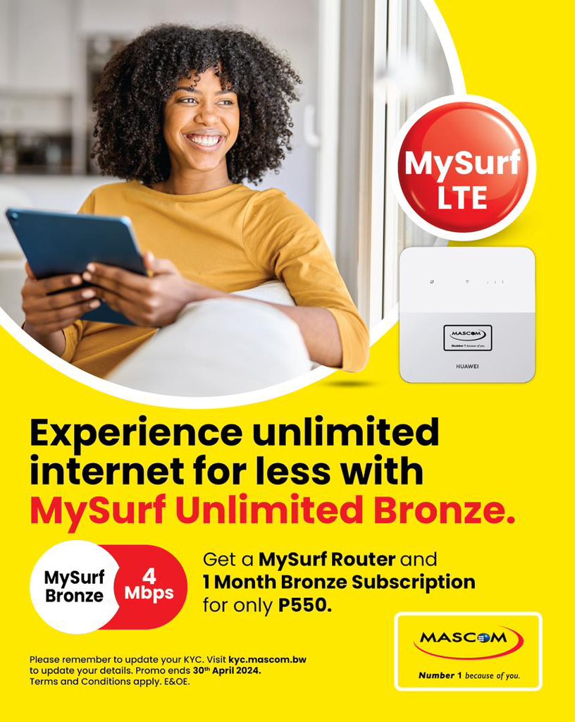 Experience unlimited internet for less with MySurf Unlimited Bronze package with 1 months subscription at an incredible price of P550 inclusive of router. Visit your nearest Mascom shop today to get yours! Promotion valid until 30th April 2024 #MySurf #Number1BecauseOfYou