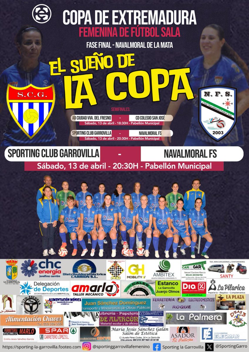 Fase final de la Copa Extremadura.Recuerda 13 y 14 de abril.Puedes seguirlo por el canal de youtube de la Federación Extremeña de Fútbol:
youtube.com/live/6QfF45KL0…
SEMIFINAL:  Sporting Garrovilla - Navalmoral FS
📷 Sabado 13 abril
📷  Hora: 20:30h
📷  Lugar: Pdvo. de Navalmoral