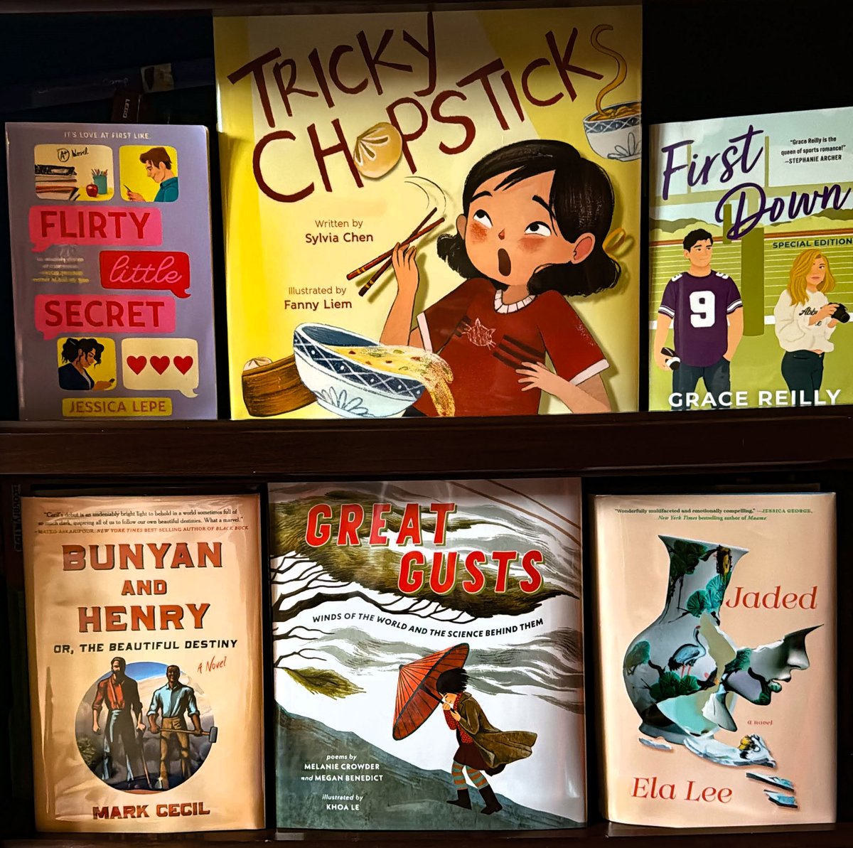 A tall bright #2024Debuts #shelfie today! I love seeing new picture books - Tricky Chopsticks was so cute and Great Gusts so beautiful! Titles and authors in thread.