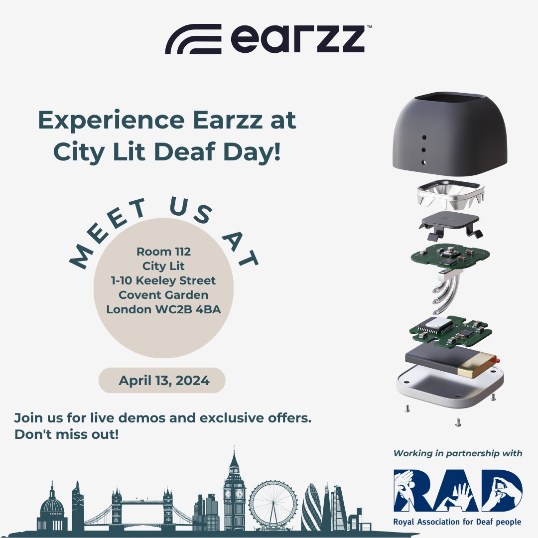 Experience Earzz at @citylit Deaf Day in Room 112! Discover cutting-edge sound recognition technology tailored for deaf and hard-of-hearing people. Join us for live demos and exclusive offers in partnership with @royaldeaf