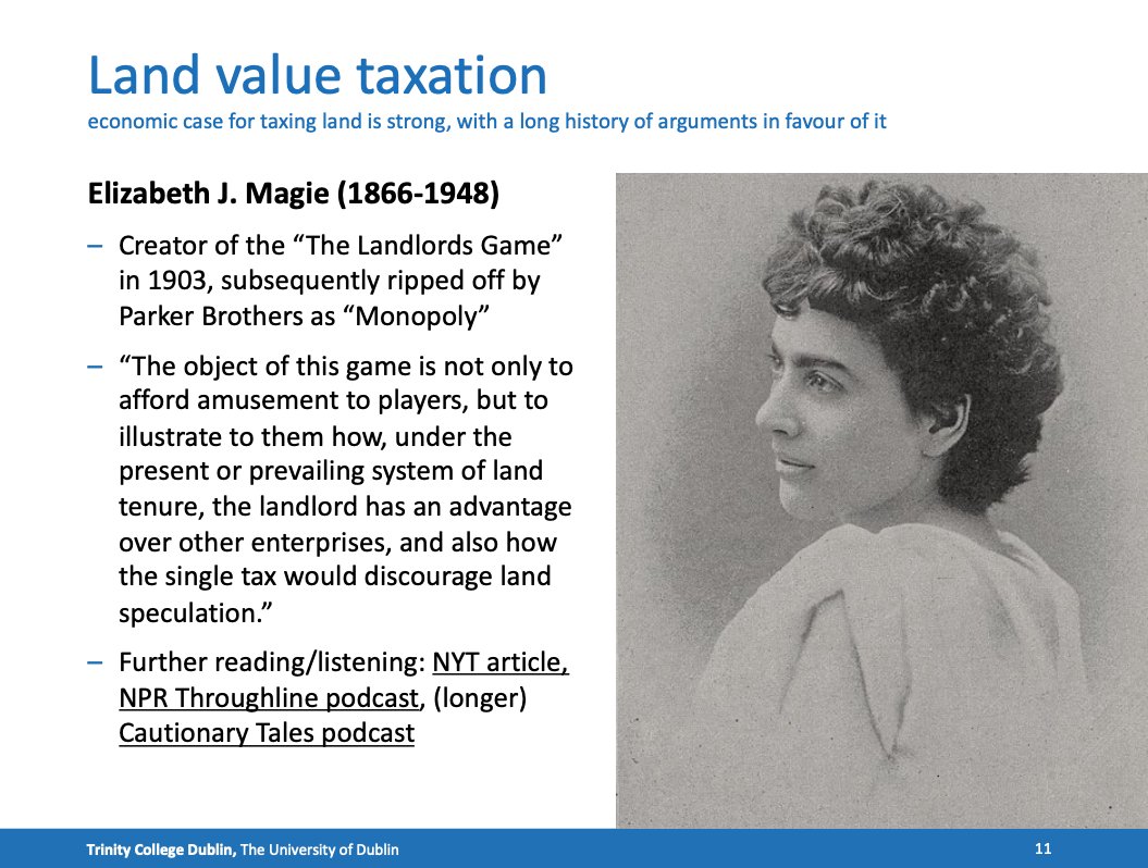 Psyched for Margot Robbie starring as Elizabeth Magie, the inventor of the pro-land tax Landlords Game (slide from my ug public economics module)