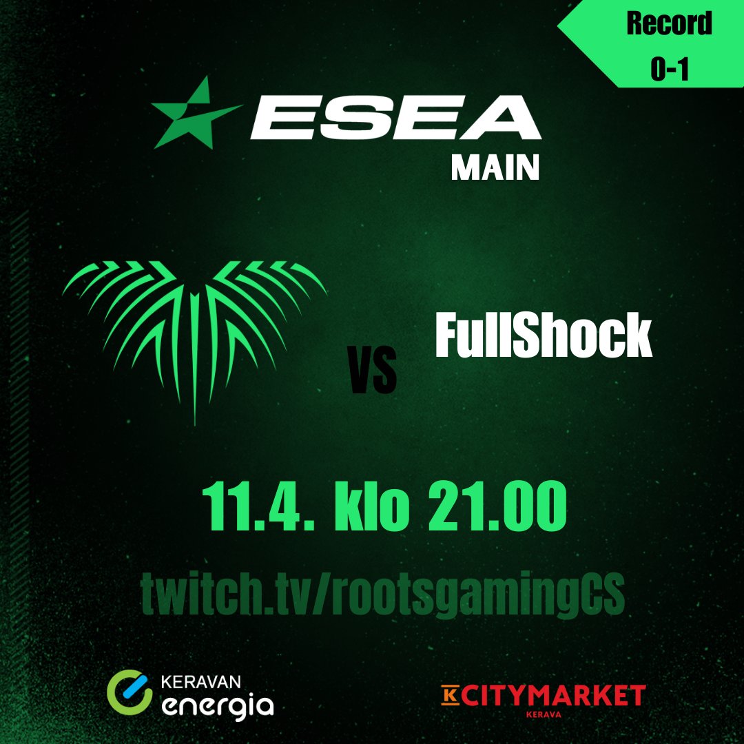 Torstai on pelipäivä! 🔥 

Tänään haetaan kauden avausvoittoa
⏰: 21.00
🎙️: @SamiKangas4 
📺: twitch.tv/rootsgamingcs
#Rooting4Roots #esportsfi