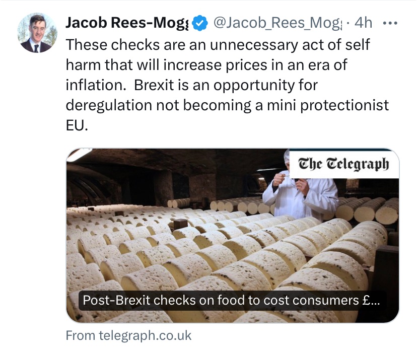 These checks are a direct consequence of deregulation you stupid, stupid little man. When we were members of the EU, they were not required. There are no Brexit opportunities — as the ex-minister for Brexit opportunities who didn’t find any, you are best-placed to know this.