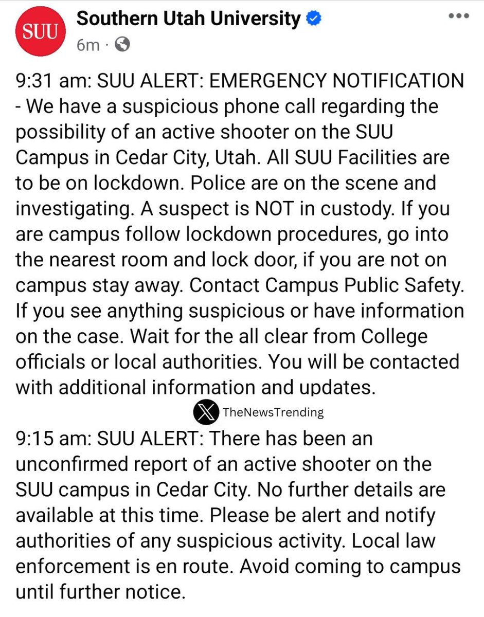 #BREAKING DEVELOPING: Southern Utah University (SUU) alerts of 'unconfirmed report of active shooter’ on campus.