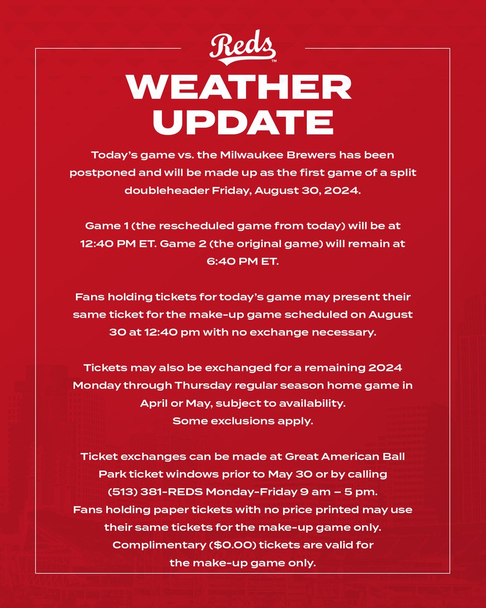 Today’s #Reds-Brewers game has been postponed and will be made up as the first game of a split doubleheader Friday, August 30, 2024. For more information ➡️ reds.com/rainout