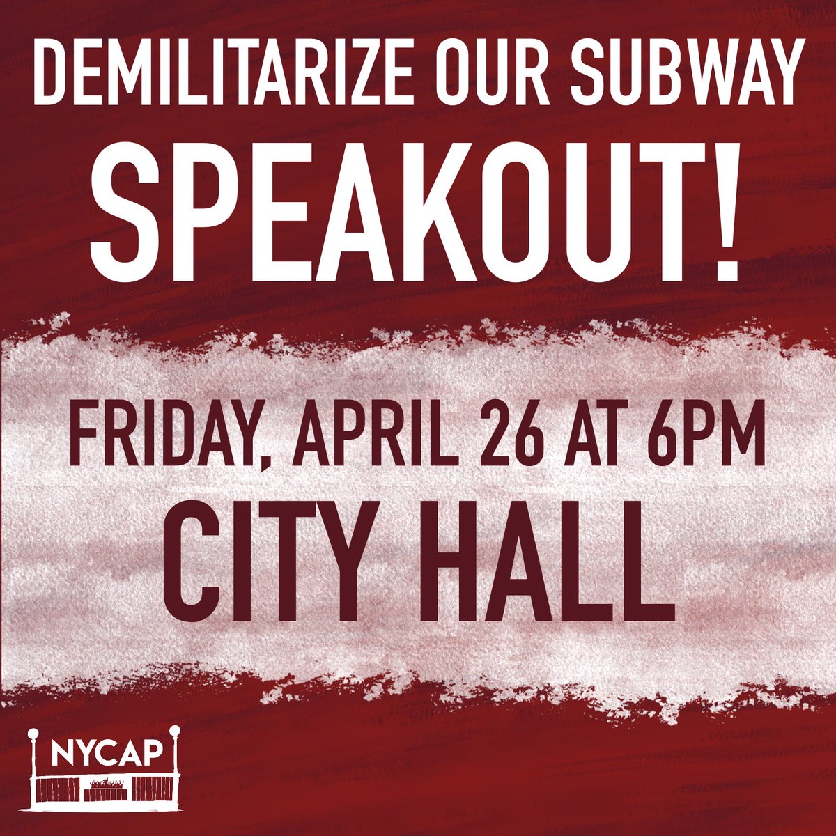 📢 DEMILITARIZE OUR SUBWAY!
📢 SPEAKOUT AT CITY HALL!

Join NYCAP to demand that Gov. Hochul, Cop-Mayor Adams, and all other state and city officials CALL OFF THE DOGS! We want the national guard OFF OUR TRAINS!

⏰ FRIDAY, APRIL 26 AT 6:00PM
📍 CITY HALL, MANHATTAN