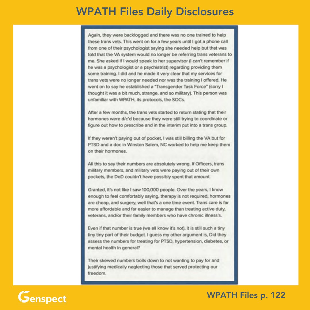 🚨The WPATH Files Daily Disclosures Issue 22!

A WPATH member reports a 'surge' in US military personnel seeking 'gender-affirming care' following President Obama's 2008 election.

They also confess to fraudulently billing the VA (United States Department of Veterans Affairs) for…