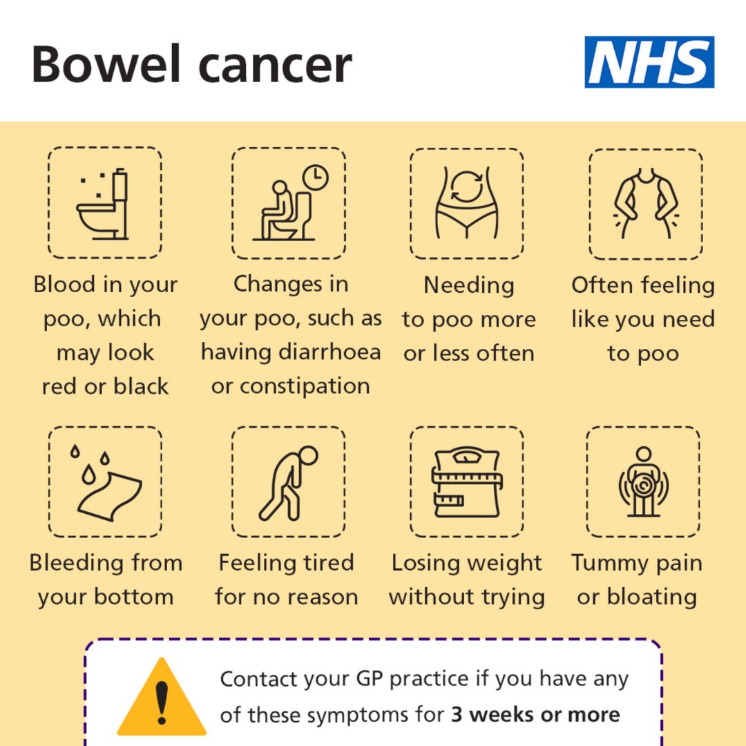 April is #BowelCancerAwarenessMonth. Bowel cancer is the fourth most common cancer in the UK. Here are the main symptoms, provided by @nhs. #HealthWatchGreenwich #BowelCancer #London #Health #NHS