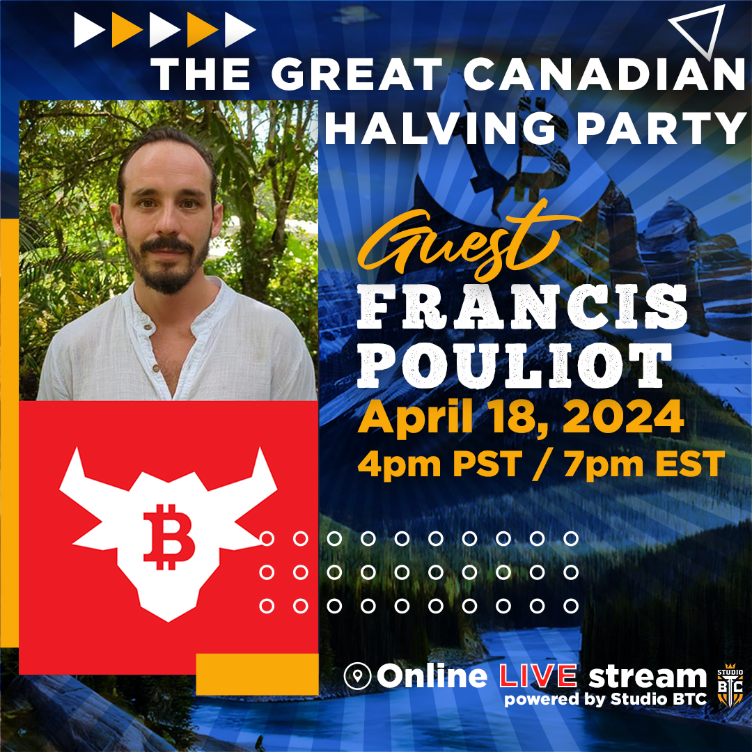 BULLBITCOIN.COM (@bullbitcoin_) on Twitter photo The #GreatCanadianHalvingParty is only a week away!🇨🇦
Come celebrate with Bull Bitcoin founder <a href="/francispouliot_/">FRANCIS - BULLBITCOIN.COM</a> as we talk #Bitcoin self-custody, innovation and scaling. 🧡
LIVE stream April 18, 4 PM PST / 7 PM EST.
👉Follow <a href="/CAD_bitcoiners/">The Great Canadian Bitcoiners: Halving Party</a> & @_studiobtc_ for details. The #GreatCanadianHalvingParty is only a week away!🇨🇦
Come celebrate with Bull Bitcoin founder <a href="/francispouliot_/">FRANCIS - BULLBITCOIN.COM</a> as we talk #Bitcoin self-custody, innovation and scaling. 🧡
LIVE stream April 18, 4 PM PST / 7 PM EST.
👉Follow <a href="/CAD_bitcoiners/">The Great Canadian Bitcoiners: Halving Party</a> & @_studiobtc_ for details.